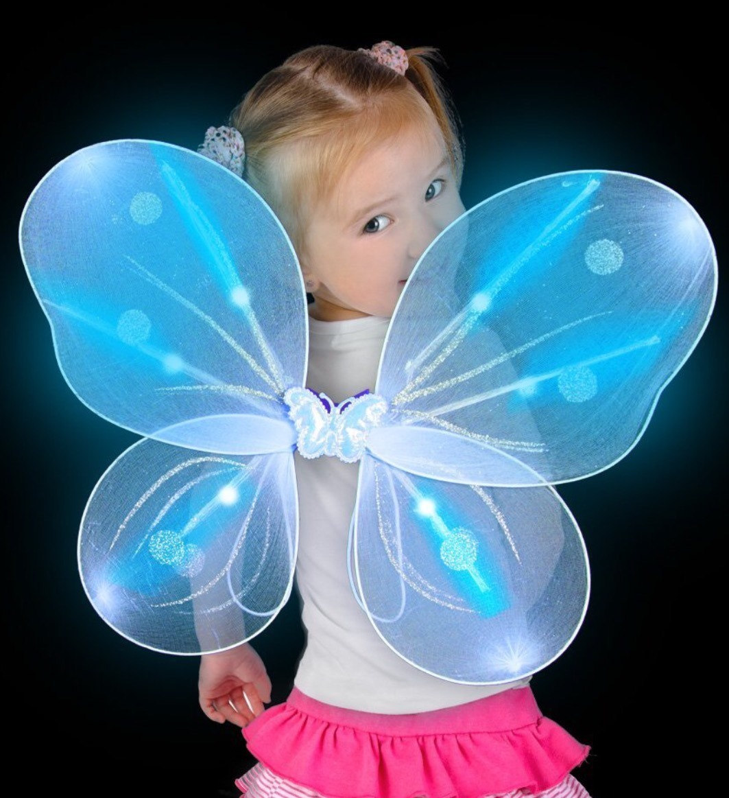 These LED Light-up Wings are shimmery blue with silver glitter and have blue lights shining through them. Child size for your little kid.