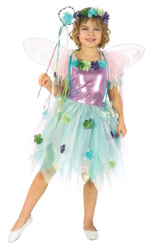 Garden Fairy Costume with flowers, tulle, shiny purple halter and pink wings.