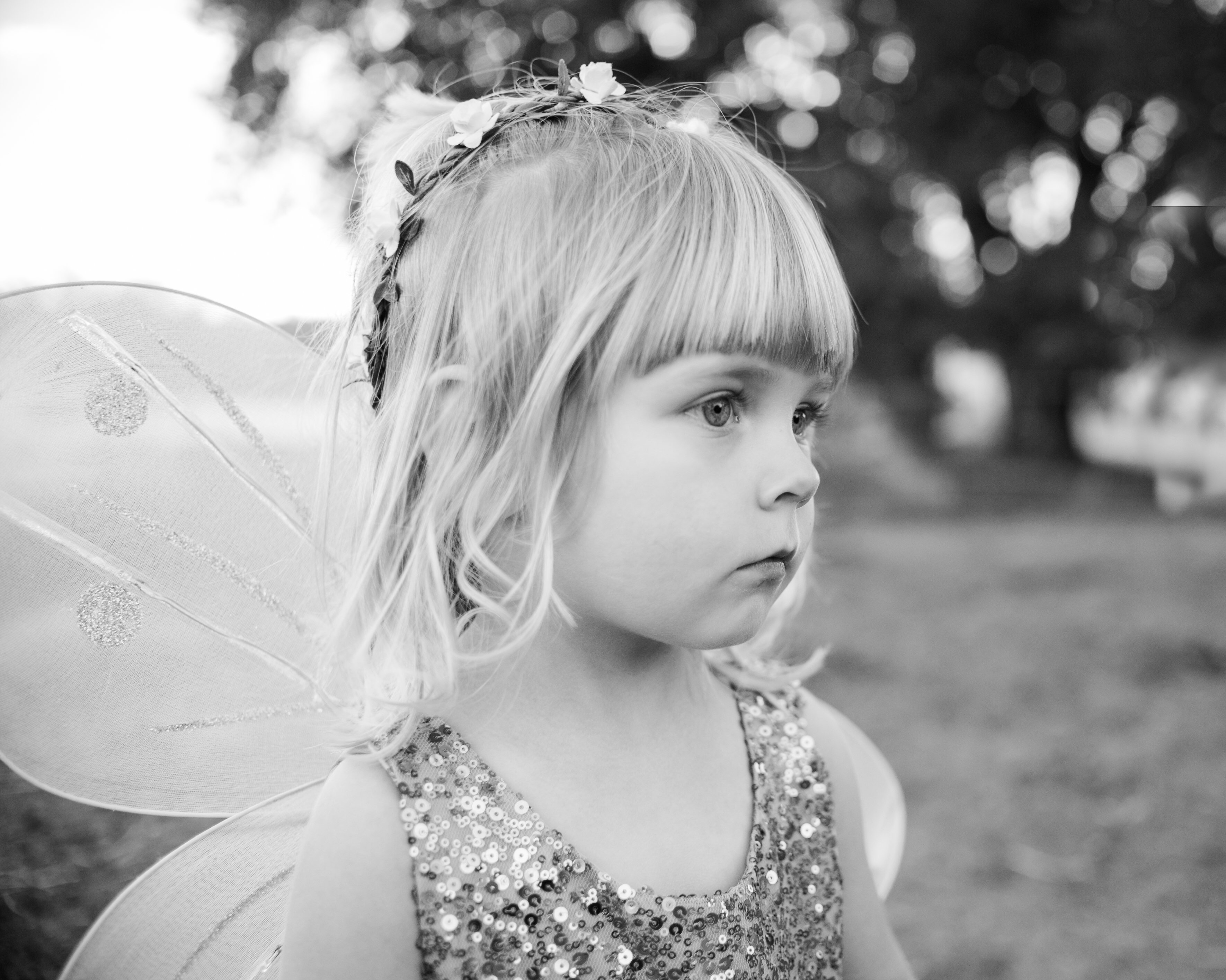 Fairy princess in flower crown poses in an open field in Creston California.