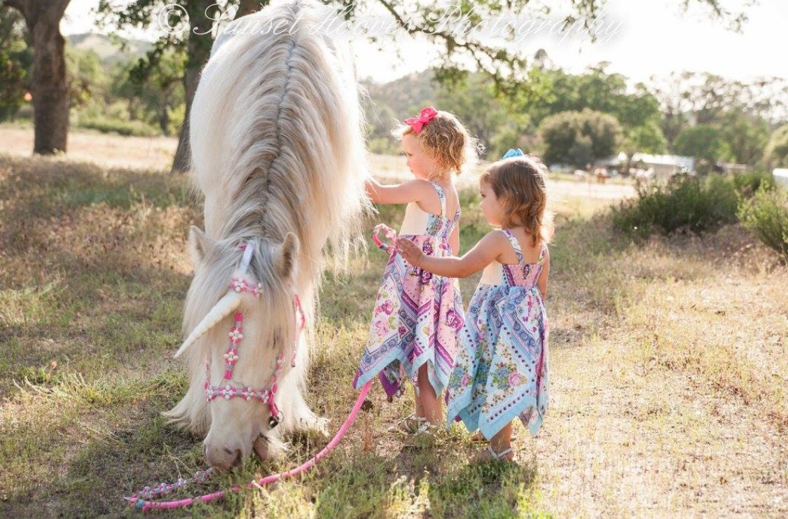 Two little girls in Kohl's dresses pose with a unicorn in magical photoshoot in Creston, California.