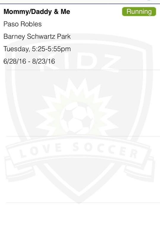 Screen shot of the app for Kidz Love Soccer Class in Paso Robles California as blogged about on Two In Tow & On The Go.