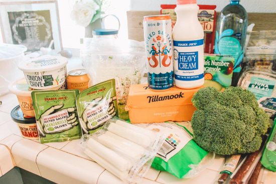 Trader Joe’s Keto haul with pictures of groceries like cheese, meat and almond milk
