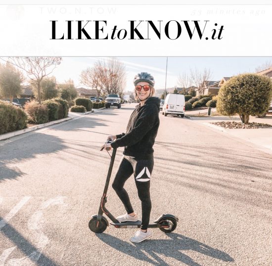 Girl on a scooter telling people to shop leggings and gear