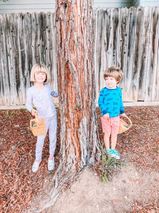 Two kids by a pine tree trunk