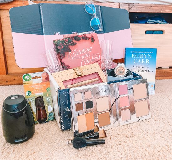 Box of Mother's Day Gifts of books and makeup