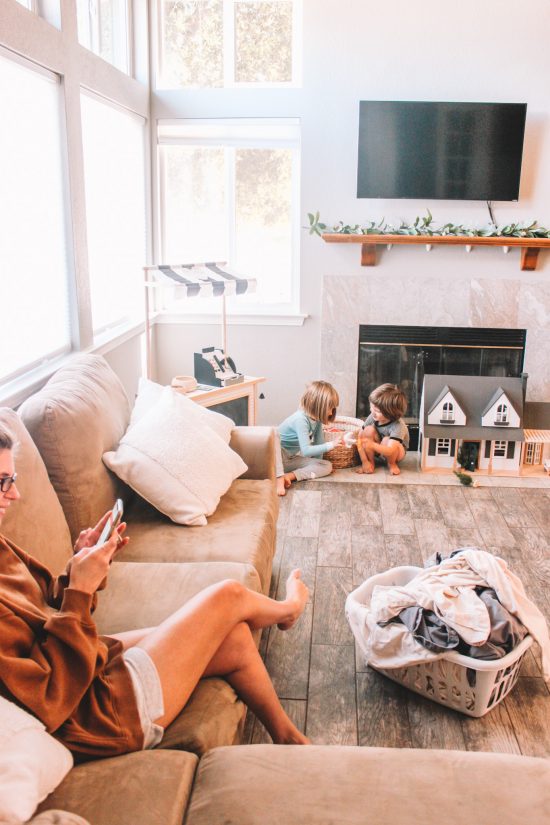 Mom in livingroom on phone