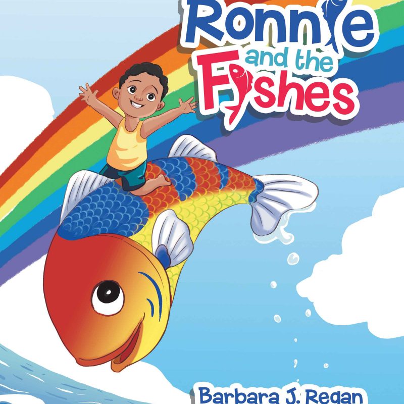 book cover with little boy riding a fish under a rainbow
